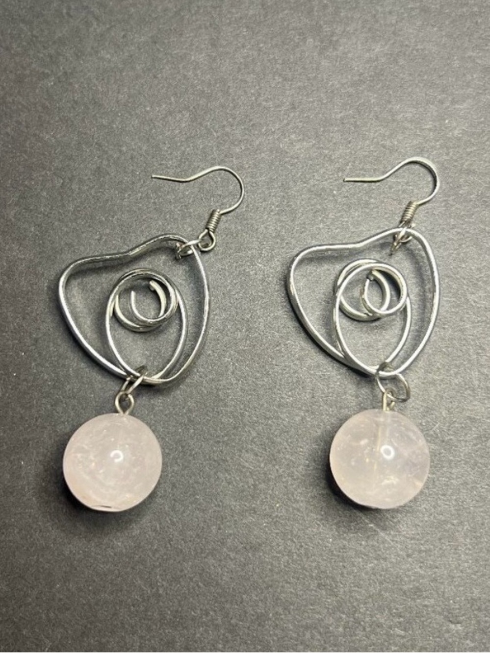 Abstract Pink & Silver Swirl Metal Heart Glass Pearl Dangle Drop Earrings 2.5"